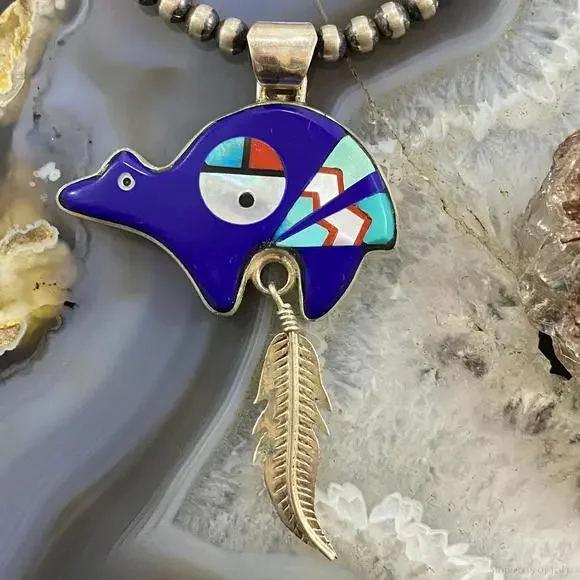 Native American Sterling Multistone Zuni Inlay Fetish Bear w/Feather Pendant - Picture 1 of 10